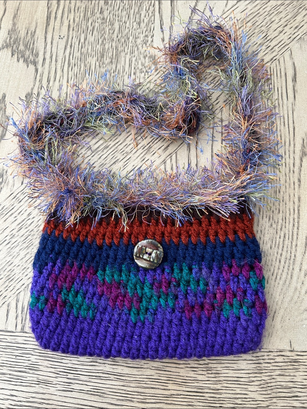 Handmade Crochet Knit Bag with Fuzzy Strap